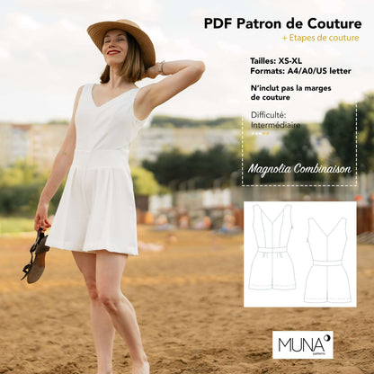 Femme portant une combinaison - XS/XL - MAGNOLIA, patron de couture pdf à télécharger de MUNA Patterns, format A4/A0/US Letter, difficulté intermédiaire.