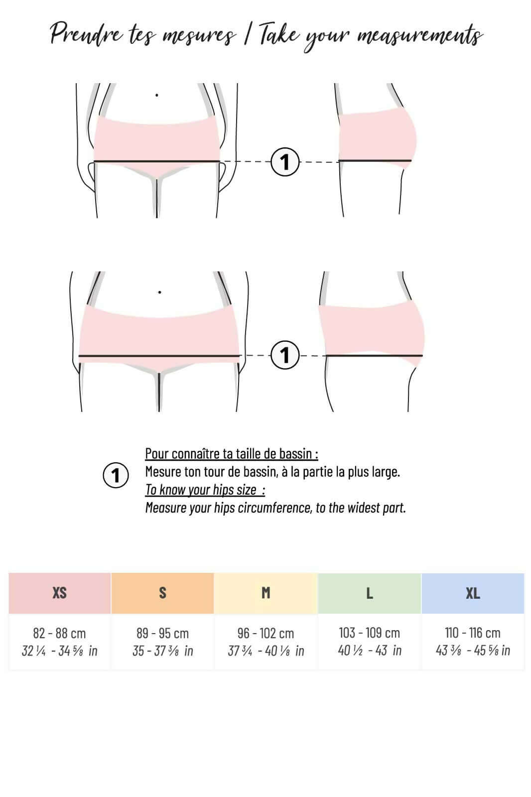 Guide de mesure pour le vêtement Culotte bloomer Mango Fizz, incluant tailles XS à XL.