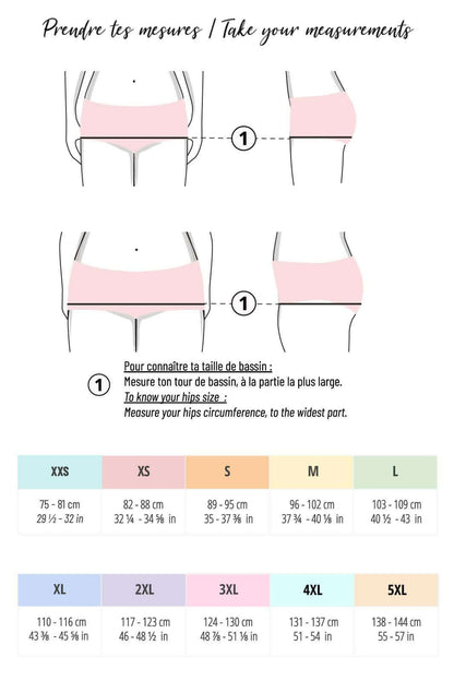 Guide de mensuration pour culottes menstruelles Bloody Mary, montrant les tailles et instructions en français.