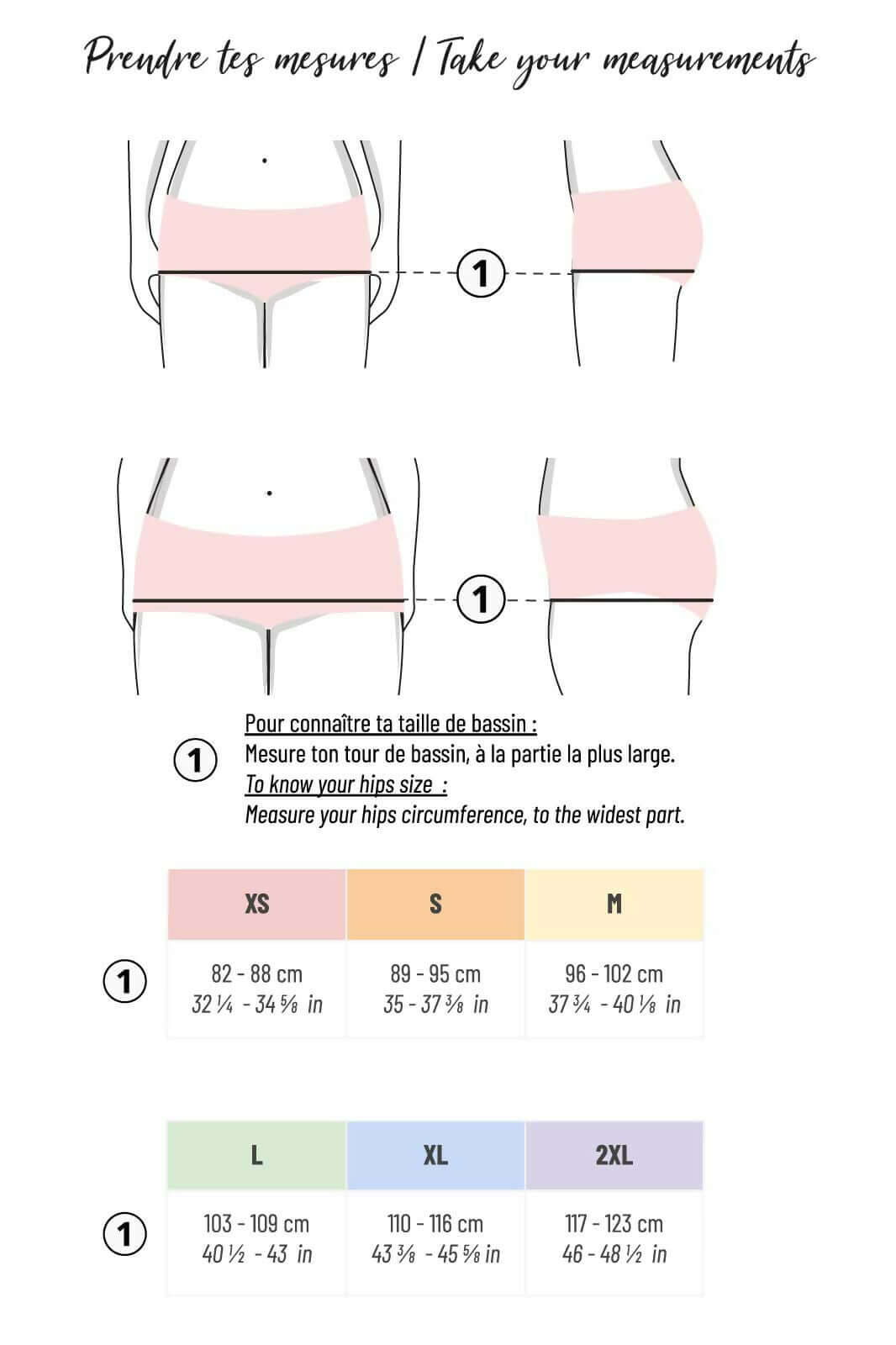 Guide des tailles pour Culotte taille haute Daïquiri avec instructions de mesure pour patron de couture pdf à télécharger.