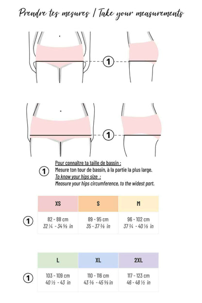 Guide des tailles pour Culotte taille haute Daïquiri avec instructions de mesure pour patron de couture pdf à télécharger.