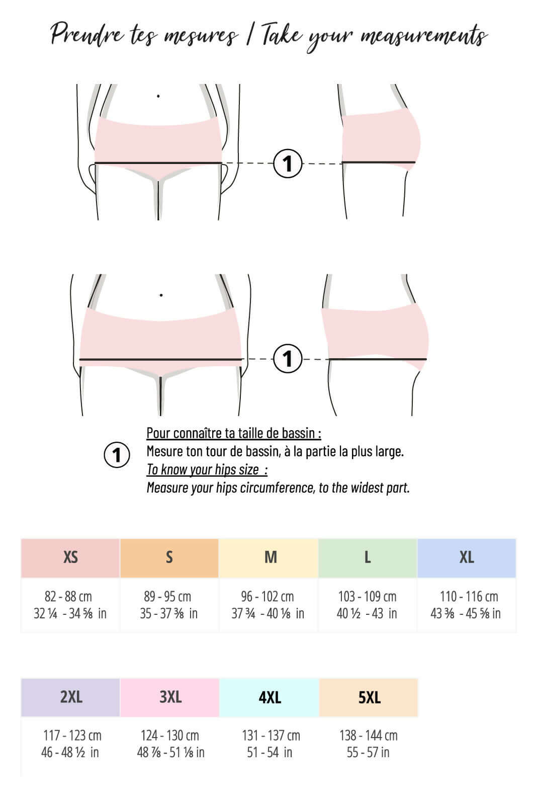 Guide des mesures pour culottes taille haute, incluant tailles XS à 5XL et instructions en français.