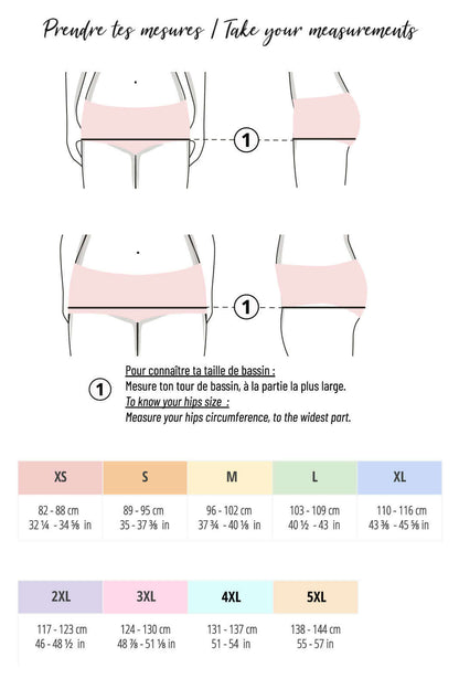 Guide des mesures pour culottes taille haute, incluant tailles XS à 5XL et instructions en français.