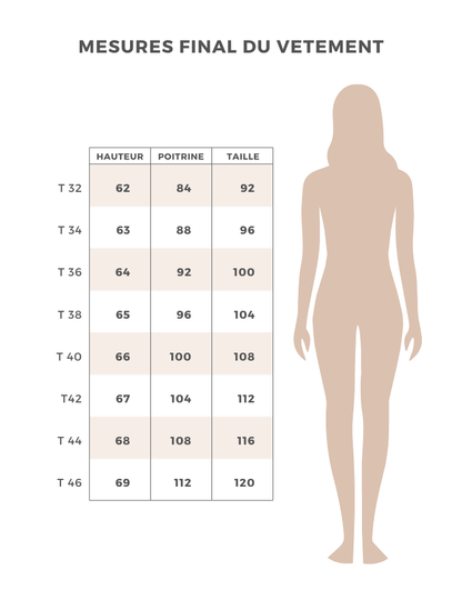 Tableau des mesures finales du vêtement pour le débardeur Cara, indiquant taille, poitrine et hauteur.