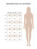 Tableau des mesures finales du vêtement pour le débardeur Cara, indiquant taille, poitrine et hauteur.