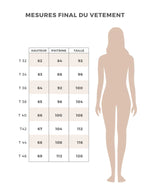 Tableau des mesures finales du vêtement pour le débardeur Cara, indiquant taille, poitrine et hauteur.
