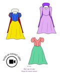 Patrons de couture PDF pour costumes de princesses, incluant un tutoriel vidéo, tailles 3 à 12 ans.