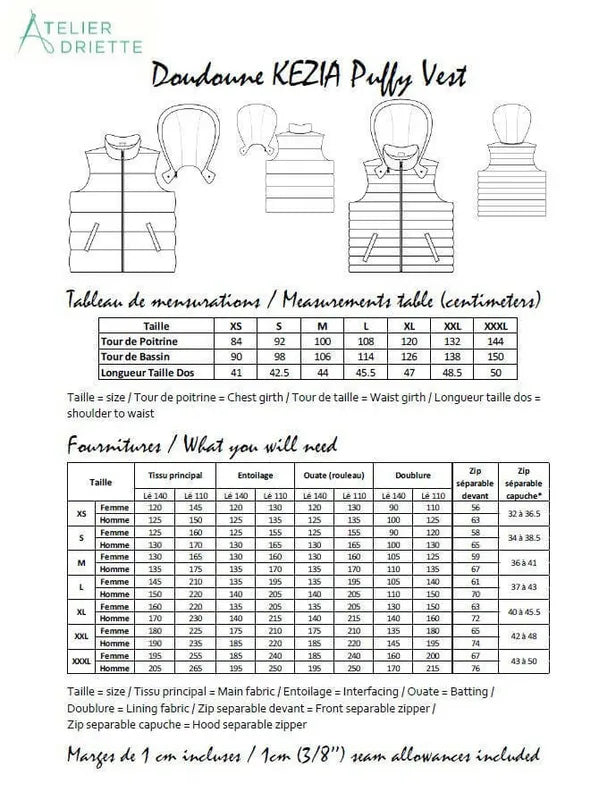 Patron de couture PDF pour Duo KEZIA - Doudoune sans manches mixte pour adulte (XS au XXXL) et enfant (2 à 16 Ans) avec mesures.