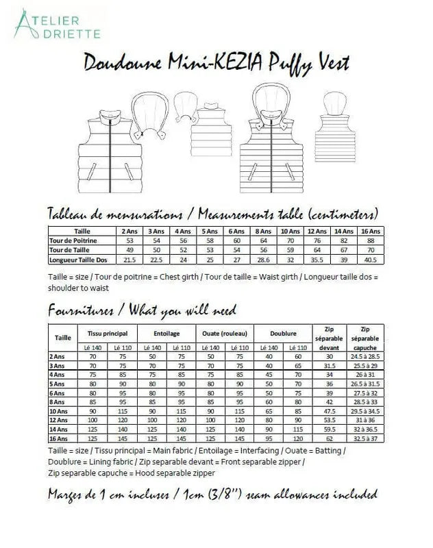 Patron de couture pdf à télécharger : Duo KEZIA - Doudoune sans manches mixte pour adulte et enfant avec guide des tailles.