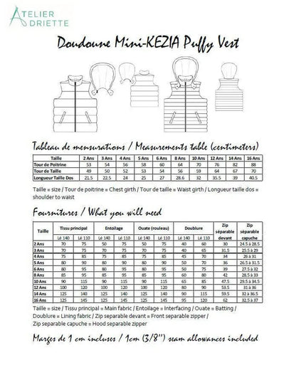 Patron de couture pdf à télécharger : Duo KEZIA - Doudoune sans manches mixte pour adulte et enfant avec guide des tailles.