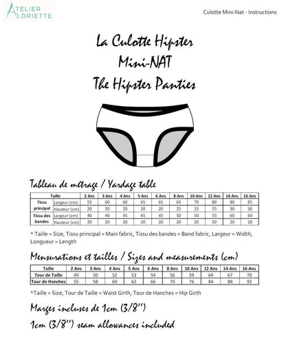 Instructions pour coudre la culotte hipster Mini-NAT avec guide des tailles et marges incluses.
