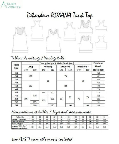 Tableau des tailles et mesures du Duo ROXANA - Débardeur pour femmes (34 - 54) et filles (2 - 16 Ans), patron de couture pdf à télécharger.