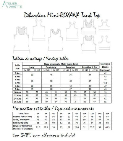 Tableau du patron de couture pdf à télécharger pour Duo ROXANA - Débardeur pour femmes (34 - 54) et filles (2 - 16 Ans).