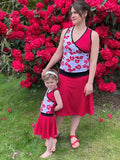 Ensemble Duo SANDY - Robe cache coeur pour femmes (34 à 54) et filles (2 à 16 Ans) en fleurs rouges, patron de couture pdf à télécharger.