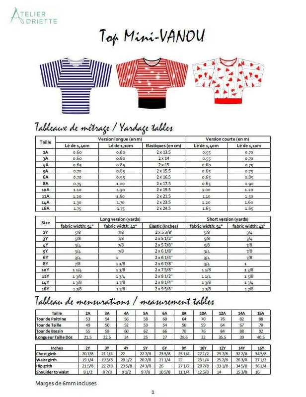 Duo VANOU - Le top pour femmes (34 au 54) et filles (2 à 16 Ans), tableau des mensurations et instructions, patron de couture pdf à télécharger