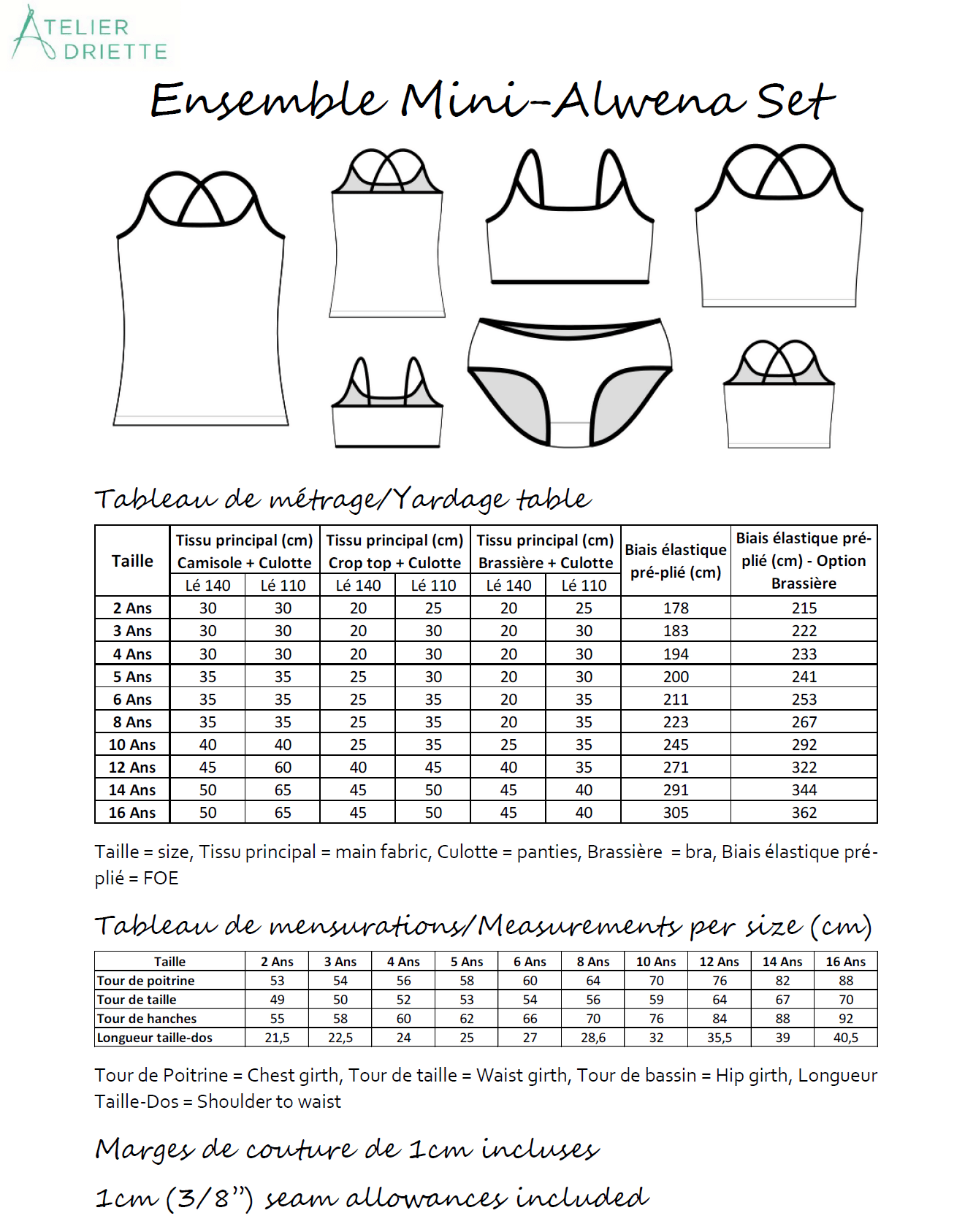 Patron de couture pdf à télécharger Ensembe Culotte/Camisole Mini-ALWENA pour Filles du 2 au 16 ans avec guide de tailles.