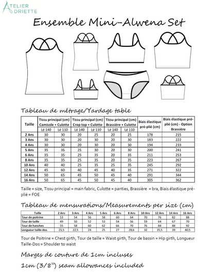 Patron de couture pdf à télécharger Ensembe Culotte/Camisole Mini-ALWENA pour Filles du 2 au 16 ans avec guide de tailles.