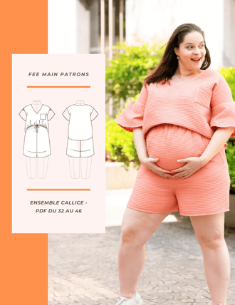 Femme enceinte portant l'Ensemble Callice, patron de couture pdf à télécharger, vêtement chic pour l'été avec personnalisation possible.