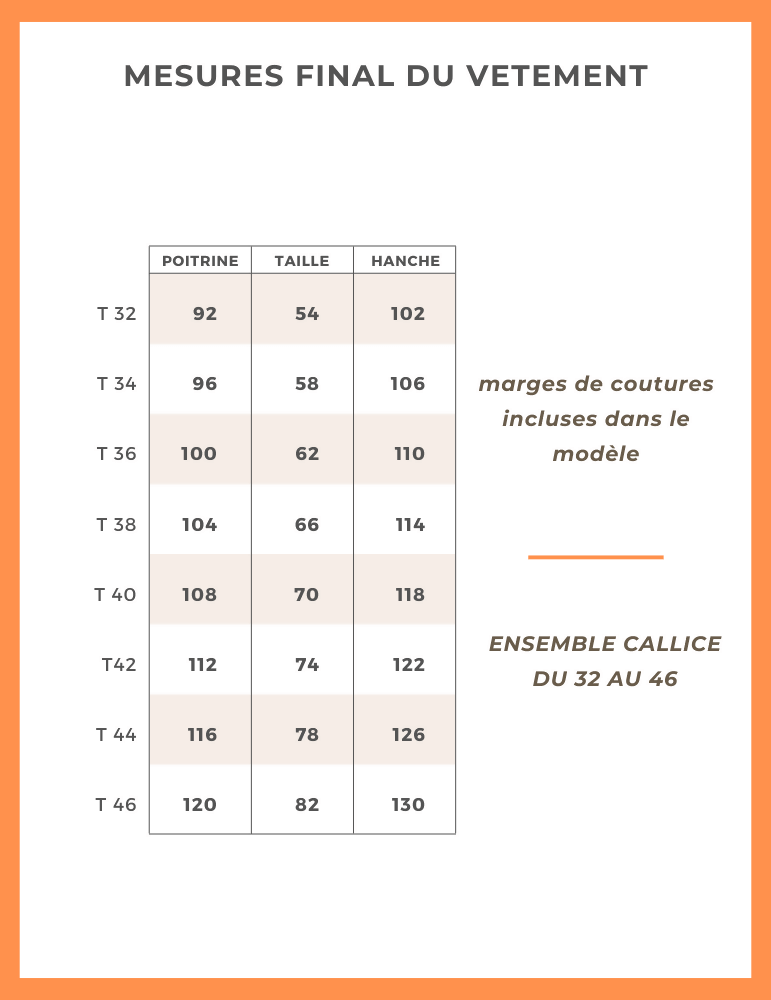 Tableau des tailles pour Ensemble Callice, patron de couture pdf à télécharger, avec mesures de poitrine, taille, et hanche.