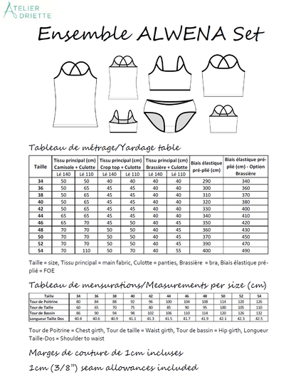 Patron de couture PDF à télécharger: Ensemble Culotte & Camisole ALWENA du 34 au 54, tableau de mesures inclus