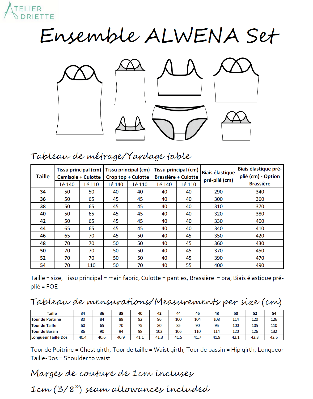 Tableau d'ensemble ALWENA Set avec mesures pour Ensemble Culotte/Camisole Duo ALWENA pour femmes (34-54) et filles (2 à 16 ans).