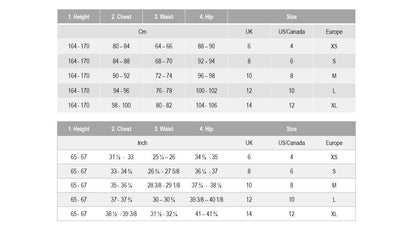 Tableau des tailles pour Ensemble pantalon et haut pour femme - XXS/XL - SIMPLY SOPHISTICATED avec mesures en cm et pouces.