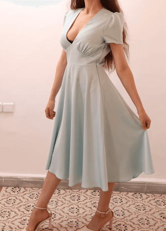 Robe élégante FAYA ROBE-taille de 30 à 58 EU avec col V, patron de couture pdf à télécharger, inspirée du style vintage années 40