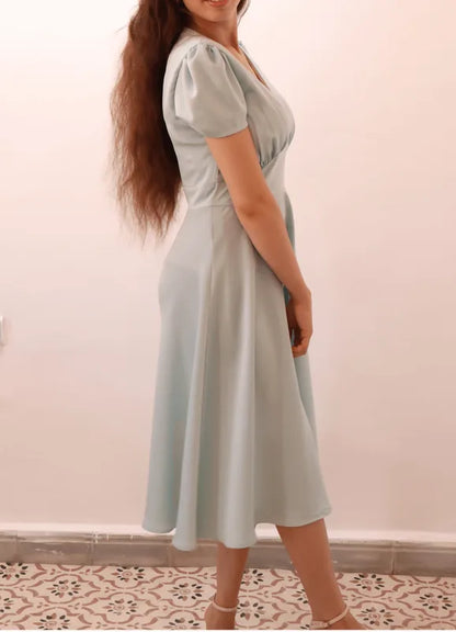 Robe FAYA élégante des années 40, patron de couture pdf à télécharger, FAYA ROBE-taille de 30 à 58 EU, col V et manches courtes.