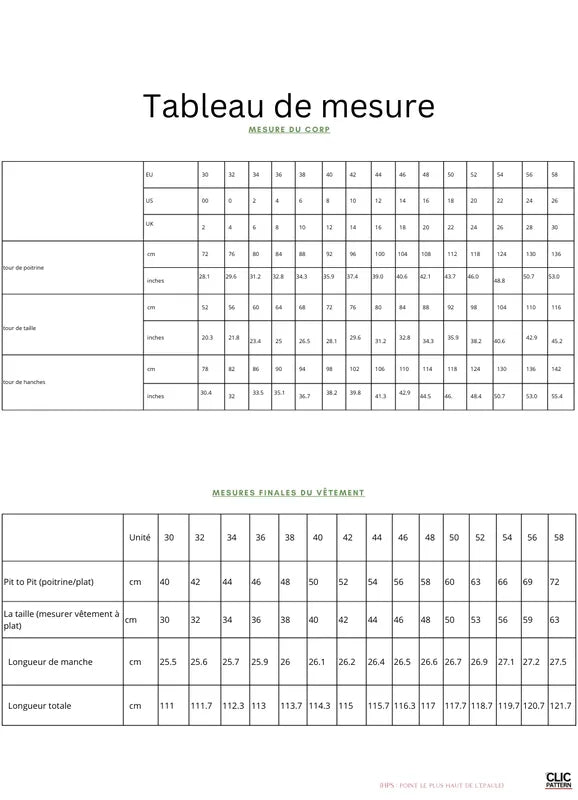 Tableau de mesures pour FAYA ROBE-taille de 30 à 58 EU, patron de couture PDF à télécharger, incluant tailles et dimensions.