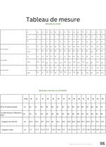 Tableau de mesures pour FAYA ROBE-taille de 30 à 58 EU, patron de couture PDF à télécharger, incluant tailles et dimensions.