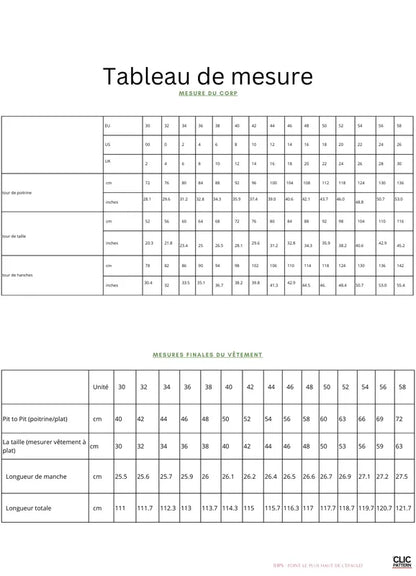 Tableau de mesures pour FAYA ROBE-taille de 30 à 58 EU, patron de couture PDF à télécharger, incluant tailles et dimensions.