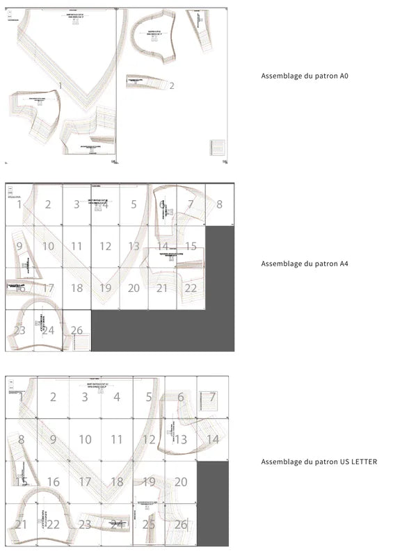 Diagramme du patron de couture PDF à télécharger pour FAYA ROBE-taille de 30 à 58 EU, montrant un assemblage détaillé des pièces.