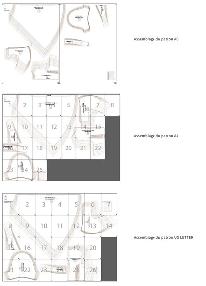 Diagramme du patron de couture PDF à télécharger pour FAYA ROBE-taille de 30 à 58 EU, montrant un assemblage détaillé des pièces.