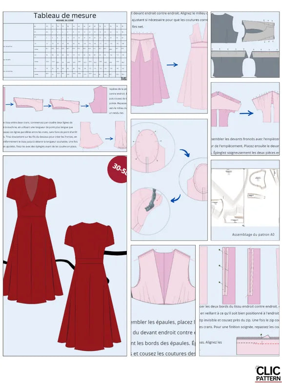 Patron de couture pdf à télécharger pour FAYA ROBE-taille de 30 à 58 EU, élégante robe inspirée des années 40 avec col V et ajustement parfait.