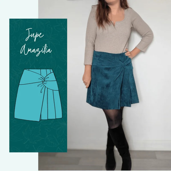 Jupe Amazilia Taille 32 à 52, patron de couture pdf à télécharger pour jupe structurée avec plis et drapé noué, modèle college girl