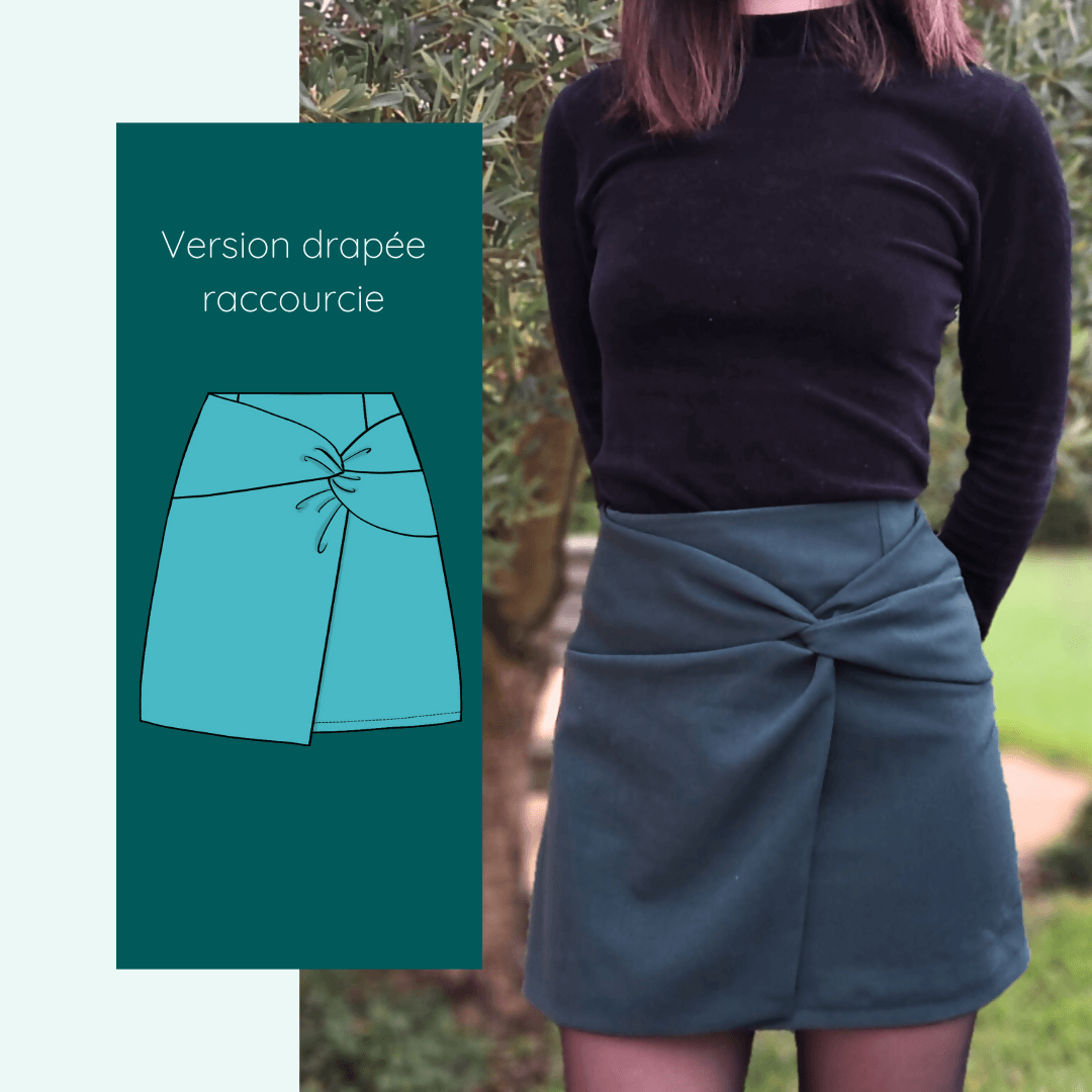 Jupe Amazilia | Taille 32 à 52, patron de couture pdf à télécharger, version drapée raccourcie pour un look élégant.