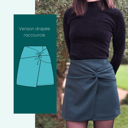 Jupe Amazilia | Taille 32 à 52, patron de couture pdf à télécharger, version drapée raccourcie pour un look élégant.