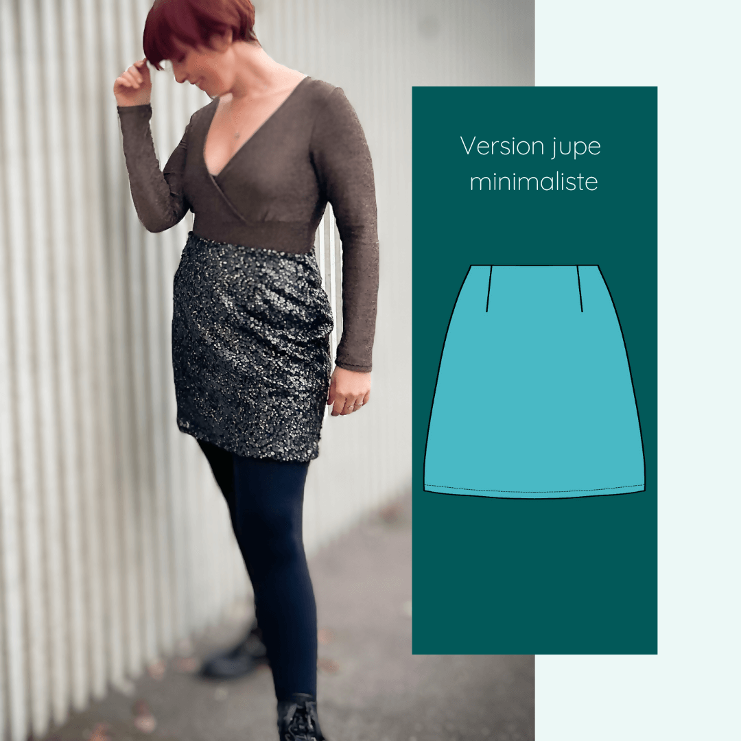 Femme portant "Jupe Amazilia | Taille 32 à 52" style minimaliste, patron de couture pdf à télécharger, jupe courte et structurée.
