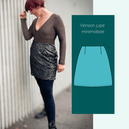 Femme portant "Jupe Amazilia | Taille 32 à 52" style minimaliste, patron de couture pdf à télécharger, jupe courte et structurée.