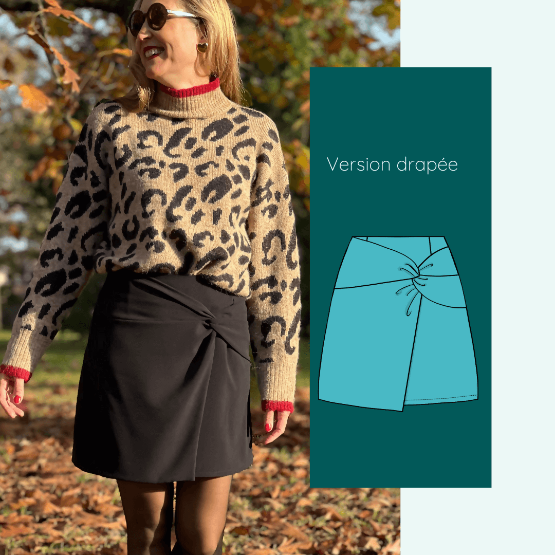 Femme portant la Jupe Amazilia | Taille 32 à 52 en version drapée, patron de couture pdf à télécharger, sur fond de feuilles d'automne.