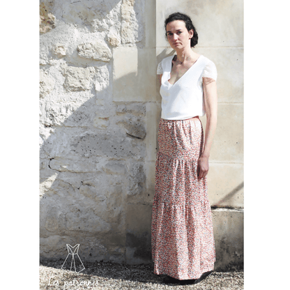 Jupe Carmen portée, patron de couture pdf à télécharger, maxi jupe à volants, vêtement parfait pour débutants, couture facile.