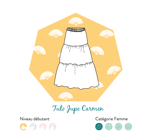 Illustration de la Jupe Carmen avec patron de couture PDF à télécharger, idéale pour débutants.
