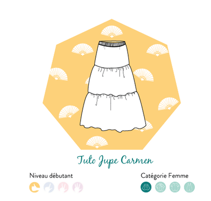 Illustration de la Jupe Carmen avec patron de couture PDF à télécharger, idéale pour débutants.