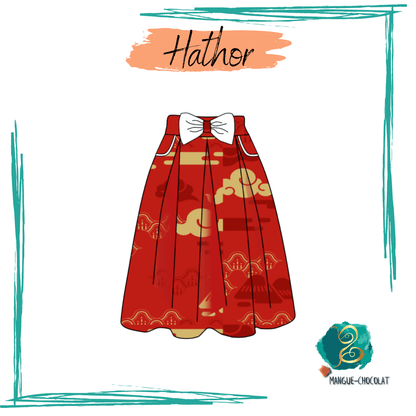 Jupe Hathor - T36 à 50, jupe à plis style années 60 avec nœud élégant. Patron de couture PDF à télécharger, tailles 36 à 50.