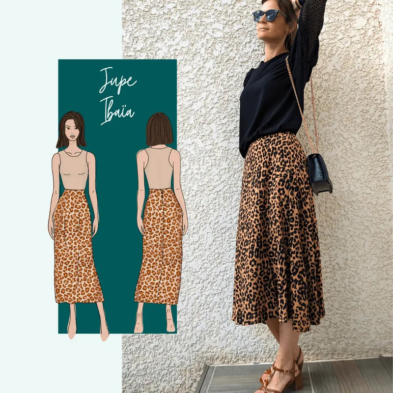 Jupe Ibaia (3 longueurs) | Taille 32 à 52, patron de couture pdf à télécharger, jupe léopard tendance portée et illustrée