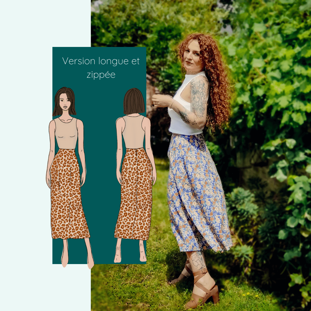 Jupe Ibaia (3 longueurs) | Taille 32 à 52, patron de couture pdf à télécharger, version longue présentée en extérieur.