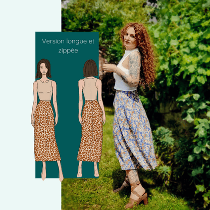 Jupe Ibaia (3 longueurs) | Taille 32 à 52, patron de couture pdf à télécharger, version longue présentée en extérieur.