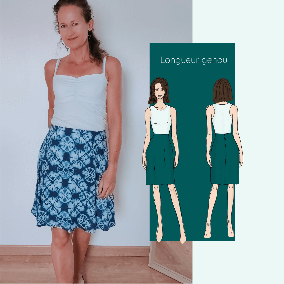 Jupe Ibaia (3 longueurs) | Taille 32 à 52, patron de couture PDF à télécharger en image avec longueur au genou.