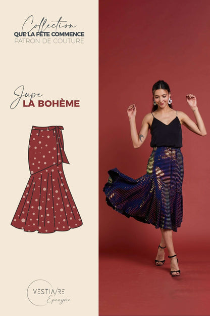 Jupe La Bohème - T34 à 48, patron de couture pdf à télécharger de Vestiare Ephemere, femme en tenue festive tournoyant.