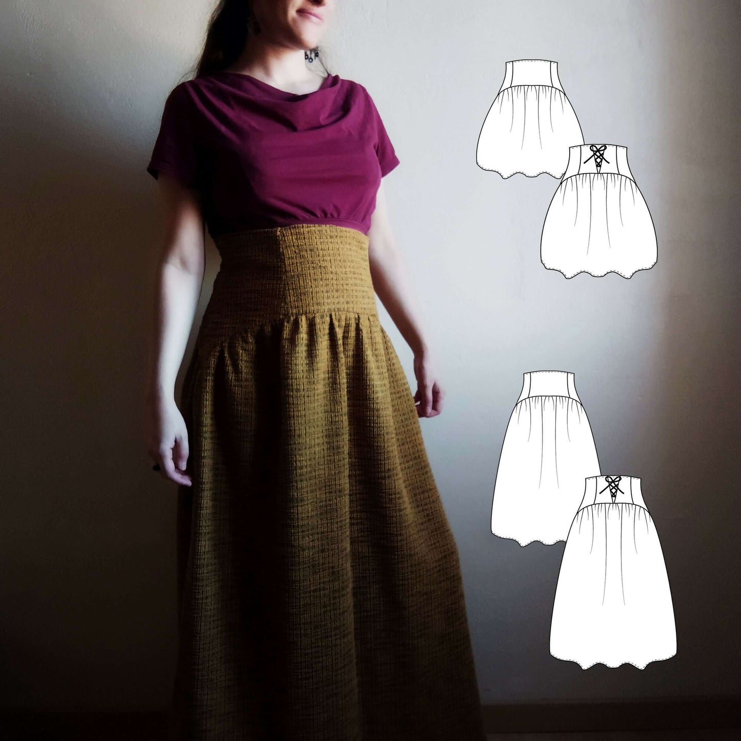 Modèle de Jupe "Lunapé" du 32 au 60 avec patron de couture pdf à télécharger, jupe élégante à taille haute et faux laçage.